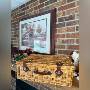 Vintage 1971  Hand Woven Wicker Storage Basket with Leather Accents
